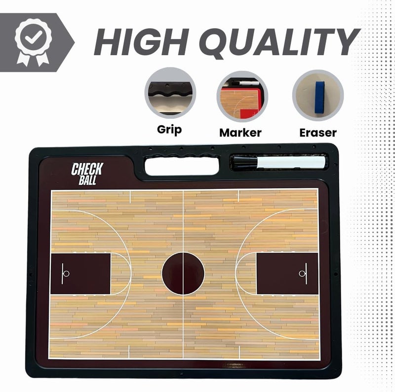 Check Ball Basketball Coaching Board | Double-Sided Premium Dry Erase Clipboard with Full & Half Court (16.5 X 12.5) & Pocket Size Eraser - Image 3